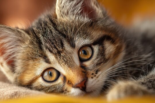 Playful kitten resting with curious gaze