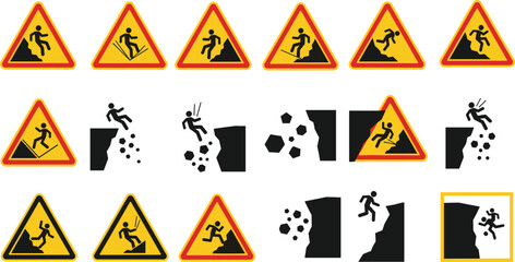 Rockfall warning signs collection with falling rocks hazard symbols and cliff danger icons, construction safety road sign vector illustration set © MstTanzila