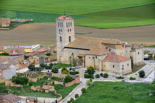 Stone tower of Santa Maria Arbis Church in Baquerin de Campos, Palencia
