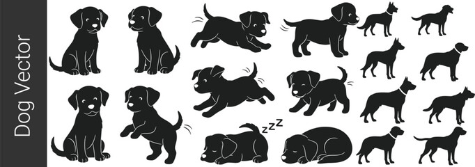 Puppy Silhouette Vector Set, Cute Baby Dog Playing Running Sleeping Collection, Black Dog Silhouette Illustration Isolated on White Background © JahirulIslam