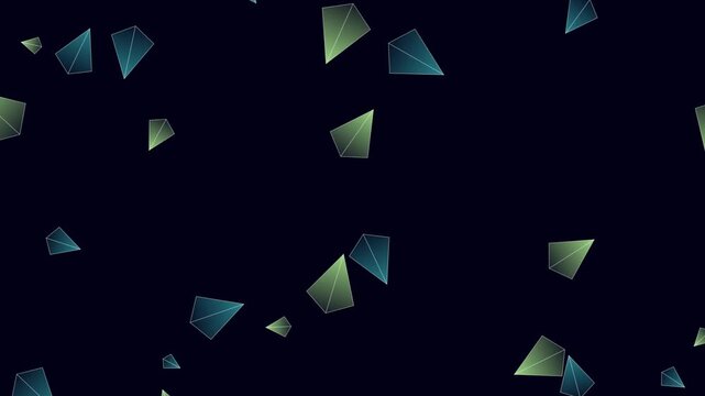 High quality, seamless looping motion background featuring geometric crystal shards and polygons floating and rotating in space. Perfect for EDM visuals, VJ loops, futuristic presentations, sci-fi sce
