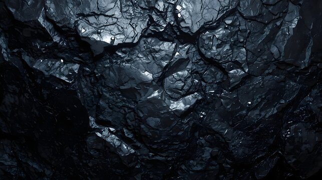Dark black obsidian rock texture with sharp fractures and glossy metallic sheen, rugged volcanic stone background for luxury industrial and hitech design