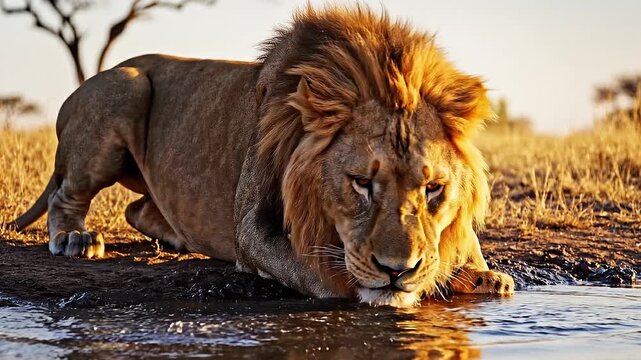 Majestic Male Lion Drinking Water in the African Savannah at Sunset