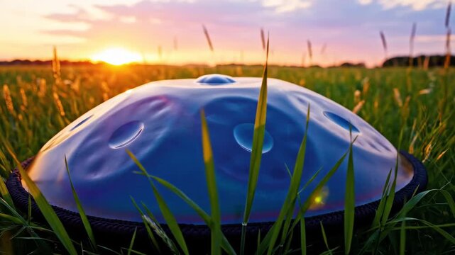 Serenity at sunset: handpan instrument amidst lush grass in tranquil sunrise landscape