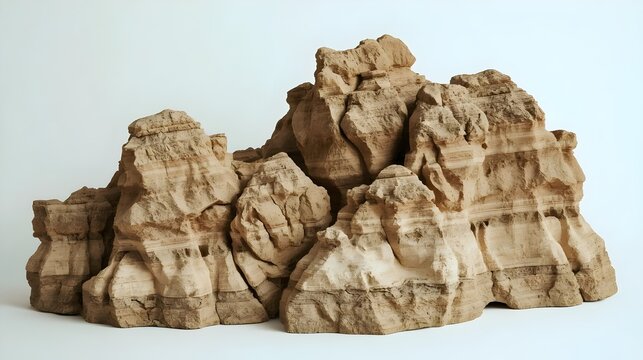 Brown sandstone rock formation with sedimentary layers on white background, realistic desert mountain miniature for 3D compositing and product display