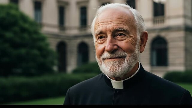 Elderly clergyman strolling peacefully in serene garden outside historic building