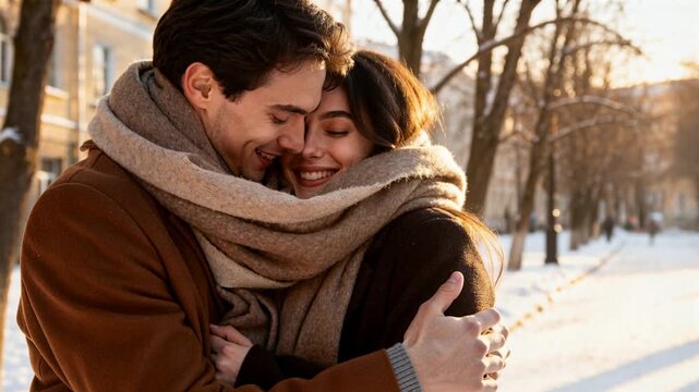 Huddling couple wearing coats under large beige scarf on snowy sidewalk, reacting to chilly air
