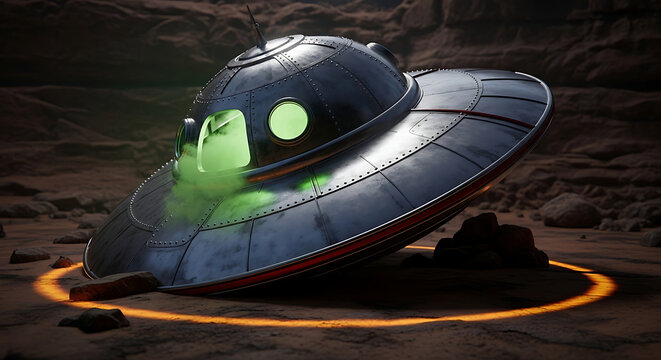 a crashed retro ufo spaceship emitting mysterious green smoke on a rocky alien planet illustrating a dramatic science fiction concept.