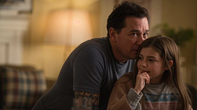 Leaning man in grey tee kissing, whispering, comforting girl in sweater on couch at home, lamp