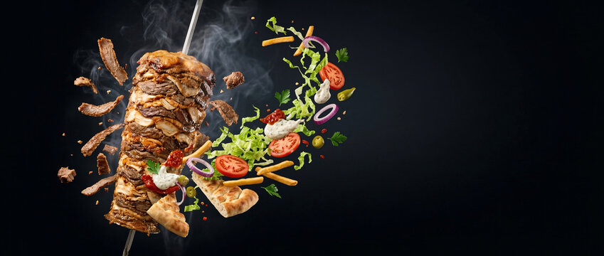 Turkish doner kebab with ingredients and pide bread on black background, copy space