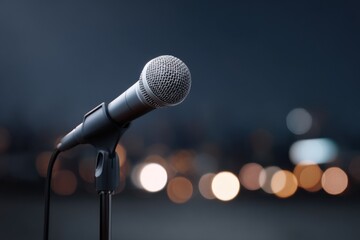 Obraz premium Close-up of microphone on stage with blurred city lights at night