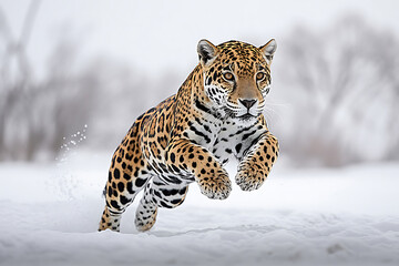 Obraz premium Wild Jaguar Leaping Across Snow Field Isolated on blur Backdrop, Exotic Predator Action Shot