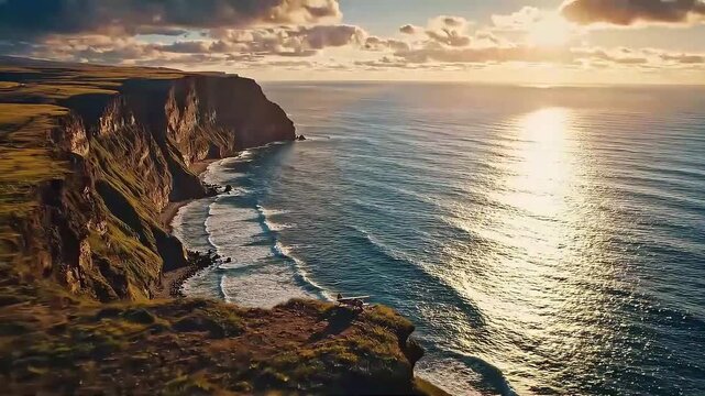 a vintage biplane rests on a grassy cliff overlooking a sun kissed ocean with dramatic coastal formations visible in the background creating a serene scene high quality