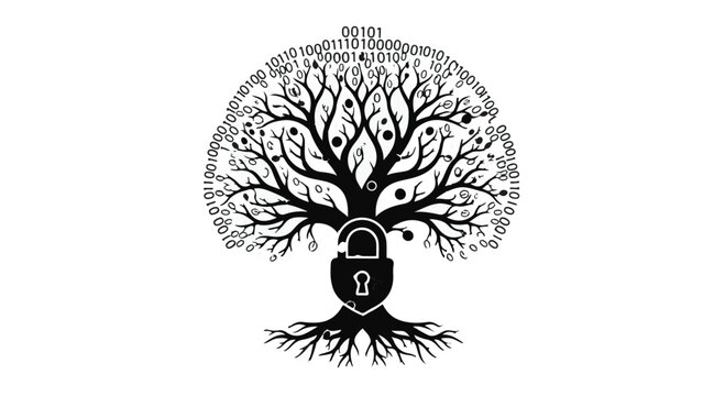 An intricate black and white illustration of a conceptual tree, its canopy formed by binary code and a prominent padlock integrated into its trunk, symbolizes data security, digital growth,.