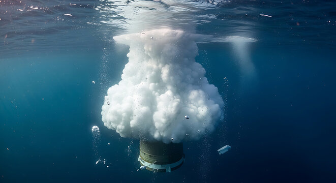 a powerful underwater missile launch creating a massive plume of white bubbles in the deep blue ocean illustrating defense technology.