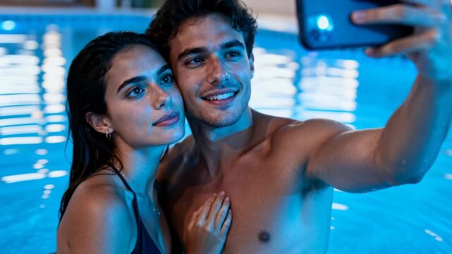 Holding phone, shirtless man and woman posing in blue pool water, in swimsuit necklace for selfie