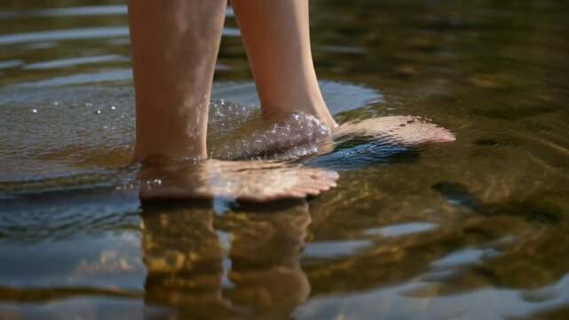 Lowering right foot, person's bare feet sliding into clear shallow stream, rippling pebbled bottom