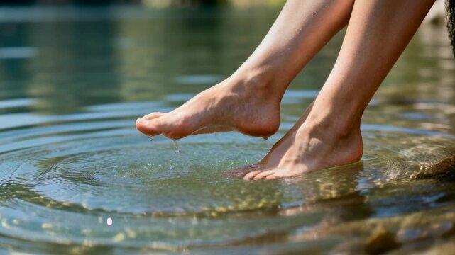 Lowering bare feet and lower legs pressing into pond edge, creating ripples and droplets