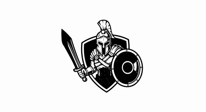 Warrior in helmet and armor holding sword and shield