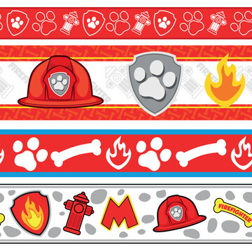 Firefighter Puppy Border Stripes Seamless Pattern