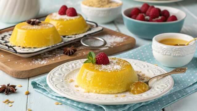 Delicious Brazilian quindim dessert made with egg yolks and coconut served on a decorative plate