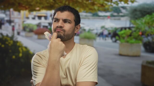 Young hispanic man wearing beige tee shirt holding crumpled riyal banknotes against chin on bustling street; contemplation.