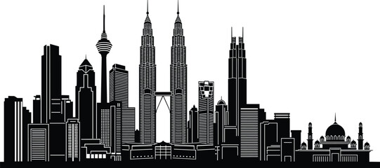 Naklejka premium Kuala Lumpur skyline silhouette with Petronas Twin Towers and modern skyscrapers, Malaysia city landmark architecture vector illustration isolated on white background