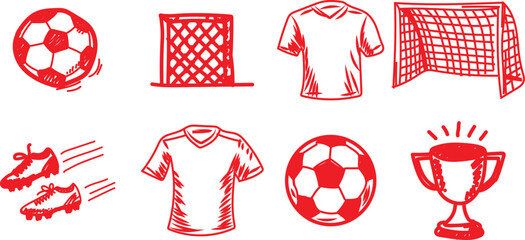 Collection of eight stylized red hand drawn icons representing essential elements for playing soccer including balls nets jerseys cleats and a championship trophy design © jharna