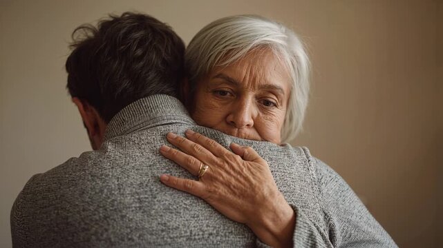 Comforting mother holding son leaning on her for comfort by beige wall, knit sweaters, wedding ring