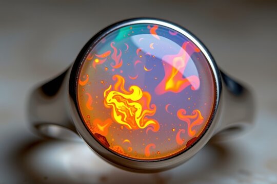 An iridescent "dragon's breath" fire opal macro, showing the internal flashes of fiery orange suspended in milky glass, set into a modern titanium ring.