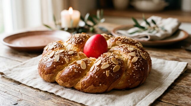 Traditional Greek Easter tsoureki bread with red egg on rustic wooden table in soft daylight