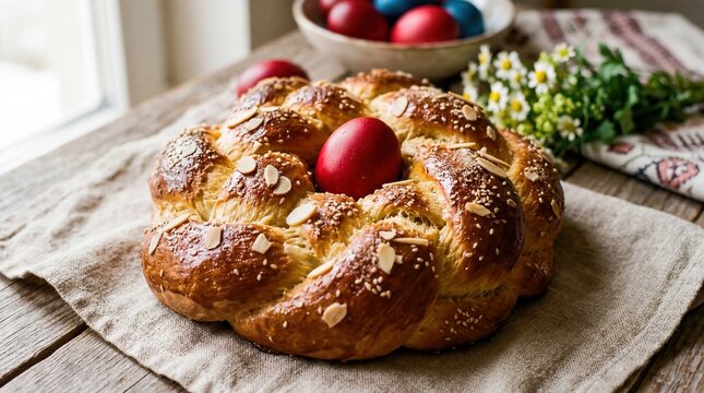 Traditional Greek Easter tsoureki bread with red dyed eggs on rustic wooden table by window light