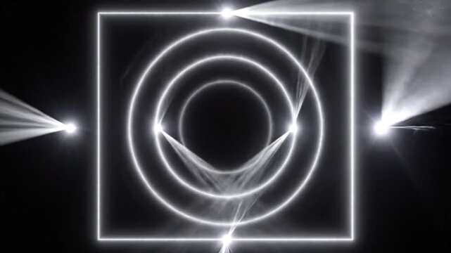 Abstract geometric animation of glowing square and circular shapes