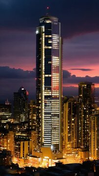 Skyline Symphony: A towering skyscraper dominates the cityscape against a dramatic sunset, its illuminated windows and architectural design create a mesmerizing spectacle