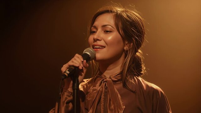 Vertical video: Female music singer grabbing mic, singing under amber spotlight, gesturing, emoting