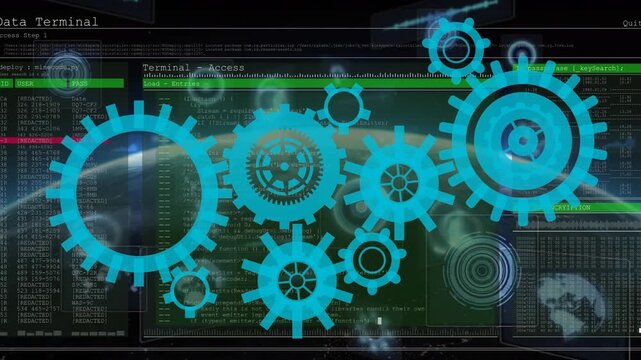 Animation of cogs rotating over diverse data on digital screen