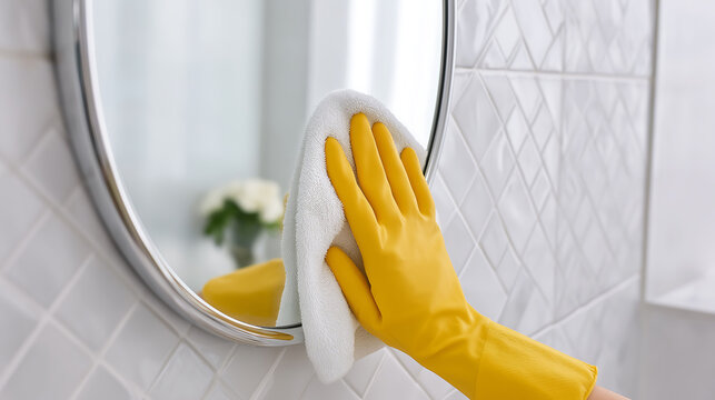 Hand in yellow glove cleaning a bathroom mirror with a soft cloth, showing household cleaning, hygiene, and maintaining a spotless