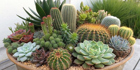 Obraz premium Clusters of diverse cactus and succulents create a vibrant and lively arrangement in a sunny outdoor setting