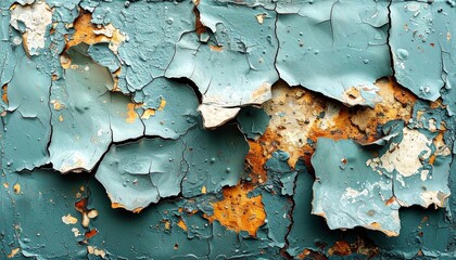 Fototapeta premium Closeup Teal Paint Peeling from Wall Revealing Rusty Texture Surface
