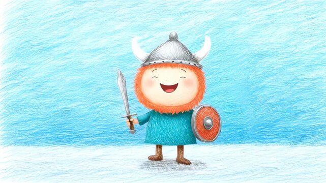 Cheerful viking character marching with sword and shield on a vibrant blue background