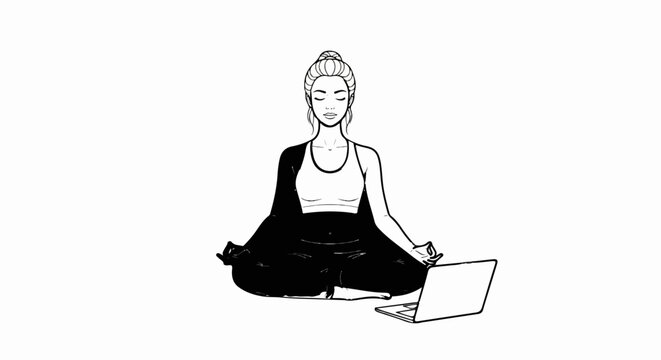 Woman meditating in lotus pose with laptop on floor