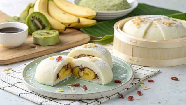 Cambodian num ansom stuffed banana rice cake with banana slices and green toppings on a table