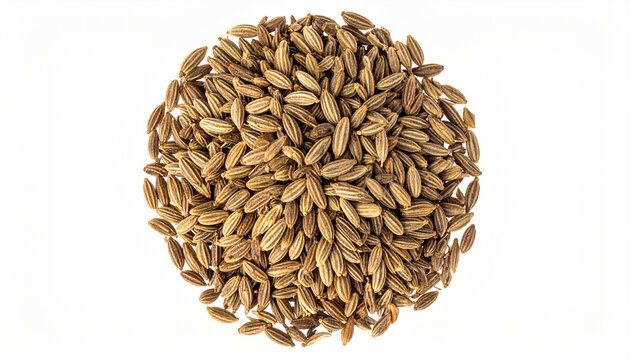 Abundant pile of dried caraway seeds forming a circular pattern on white