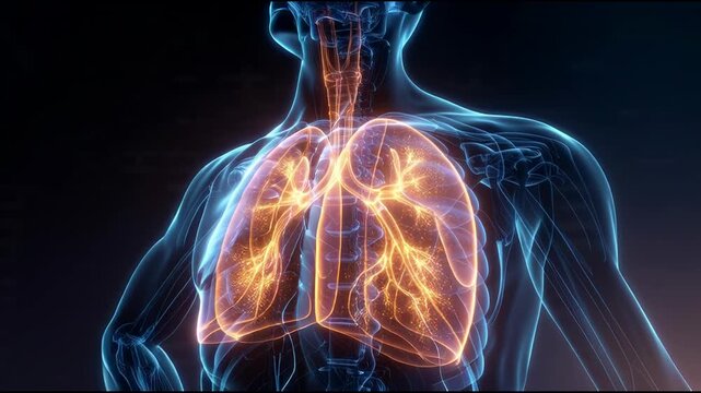 Anatomical illustration of the human respiratory system, highlighting the lungs and bronchi.