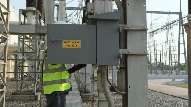 Engineer with clipboard documenting junction box observations during preventive maintenance round at outdoor power substation