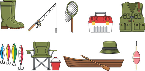 Fishing equipment and camping gear icon set including rod net boat lure vest boots bucket vector outdoor recreation collection © Nusaiba's World