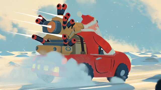 Santa Claus driving red car with rocket launchers through snow  