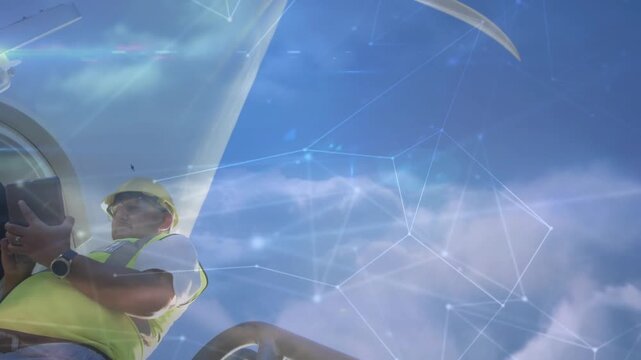 Animation of network of connections over windmill worker