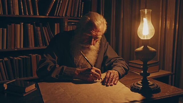 Elderly scholar writing by candlelight in cozy library setting with bookshelves