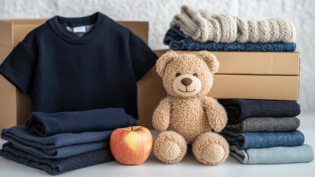 Organizing clothes and toys for donation on a soft surface with boxes and stuffed animals in a home setting during the day